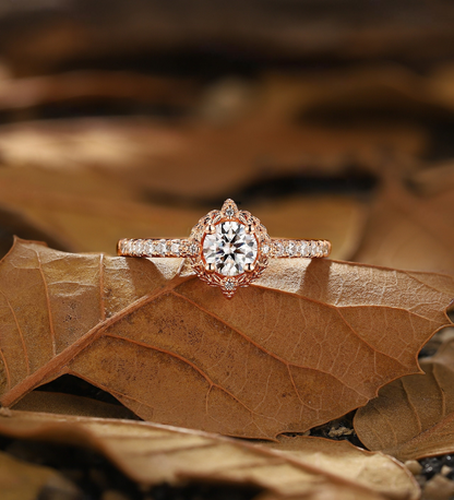 Vintage Lab Grown Engagement Ring Rose Gold Unique leaf halo Bridal ring Round Diamond Pave Wedding Ring Antique Anniversary Promise Ring