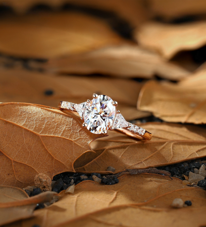 Vintage Oval Lab Grown Engagement Ring Rose Gold Art Deco Triangle Pave Ring Unique Classic Anniversary Promise Bridal Ring