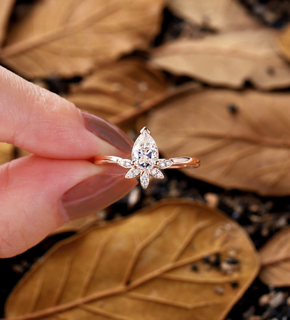 Pear Shaped Lab Grown Bridal Set Lab Grown Engagement Ring Rose Gold Cluster Wedding Women Unique Marquise Lab Grown Band Chevron