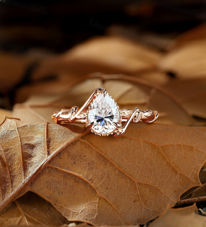 Pear Lab Grown engagement ring rose gold Vintage Branch design milgrain leaf wedding ring unique solitaire anniversary promise bridal ring