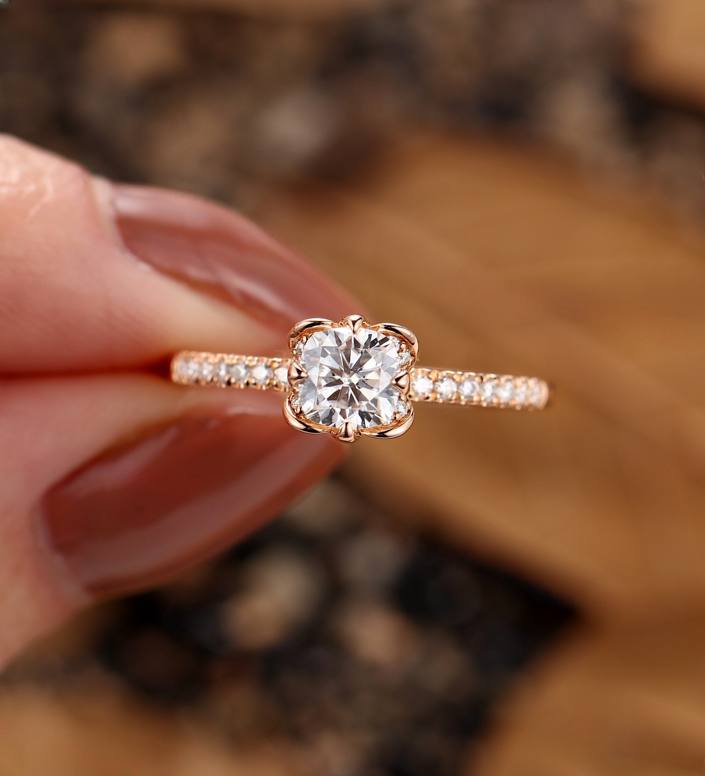 Floral Round Lab Grown engagement ring Rose gold Vintage Diamond half eternity pave Bridal ring Unique Vintage Anniversary Promise ring