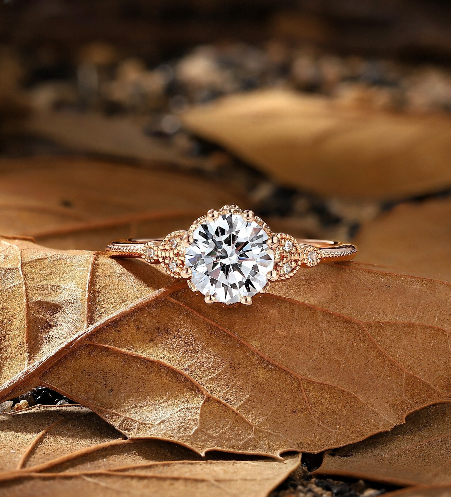 Vintage Round Lab Grown engagement ring rose gold Art deco Milgrain Diamond floral ring unique Promise Anniversary bridal ring