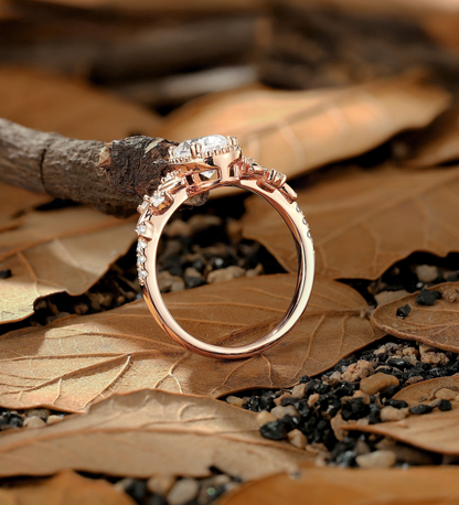 Vintage Oval Lab Grown Engagement Ring Rose Gold Round Milgrain Lab Grown Leaf Bridal Ring Unique Wedding Season Promise Ring