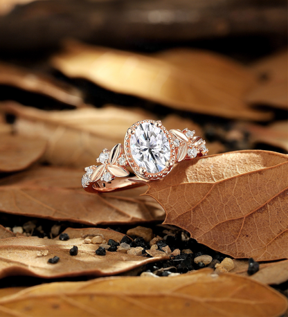 Vintage Oval Lab Grown Engagement Ring Rose Gold Round Milgrain Lab Grown Leaf Bridal Ring Unique Wedding Season Promise Ring