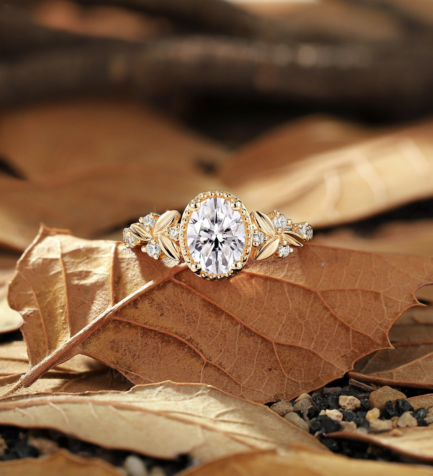 Vintage Oval Lab Grown Engagement Ring Rose Gold Round Milgrain Lab Grown Leaf Bridal Ring Unique Wedding Season Promise Ring