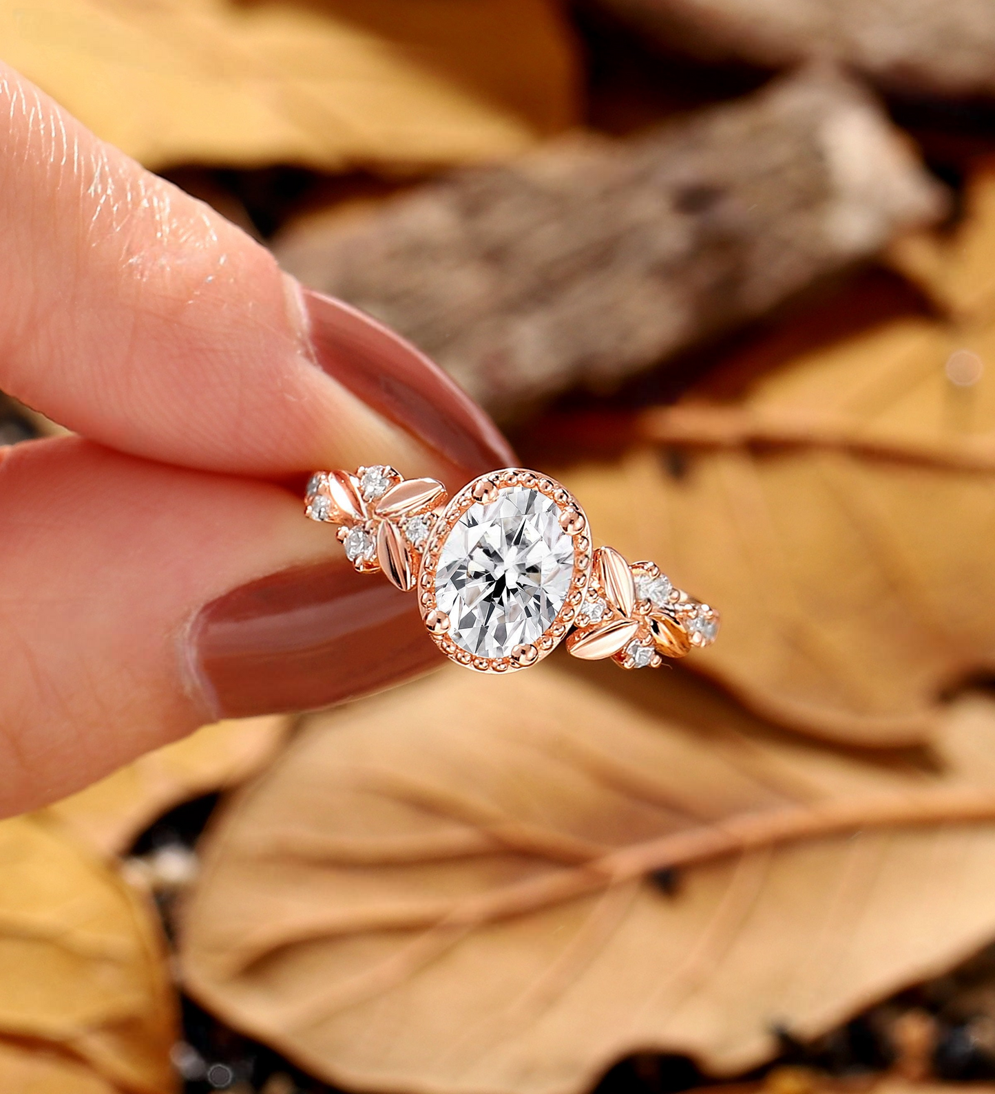 Vintage Oval Lab Grown Engagement Ring Rose Gold Round Milgrain Lab Grown Leaf Bridal Ring Unique Wedding Season Promise Ring