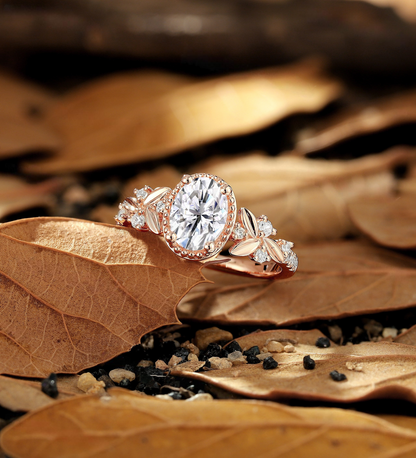 Vintage Oval Lab Grown Engagement Ring Rose Gold Round Milgrain Lab Grown Leaf Bridal Ring Unique Wedding Season Promise Ring