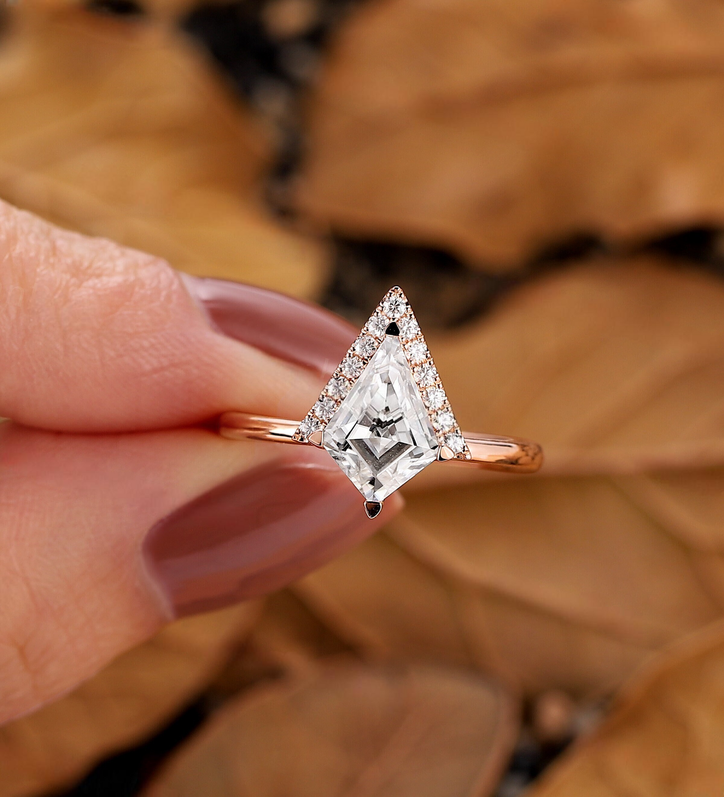 Vintage kite Lab Grown engagement ring set Rose gold Unique Triangle curved wedding ring set Antique halo bridal set Anniversary