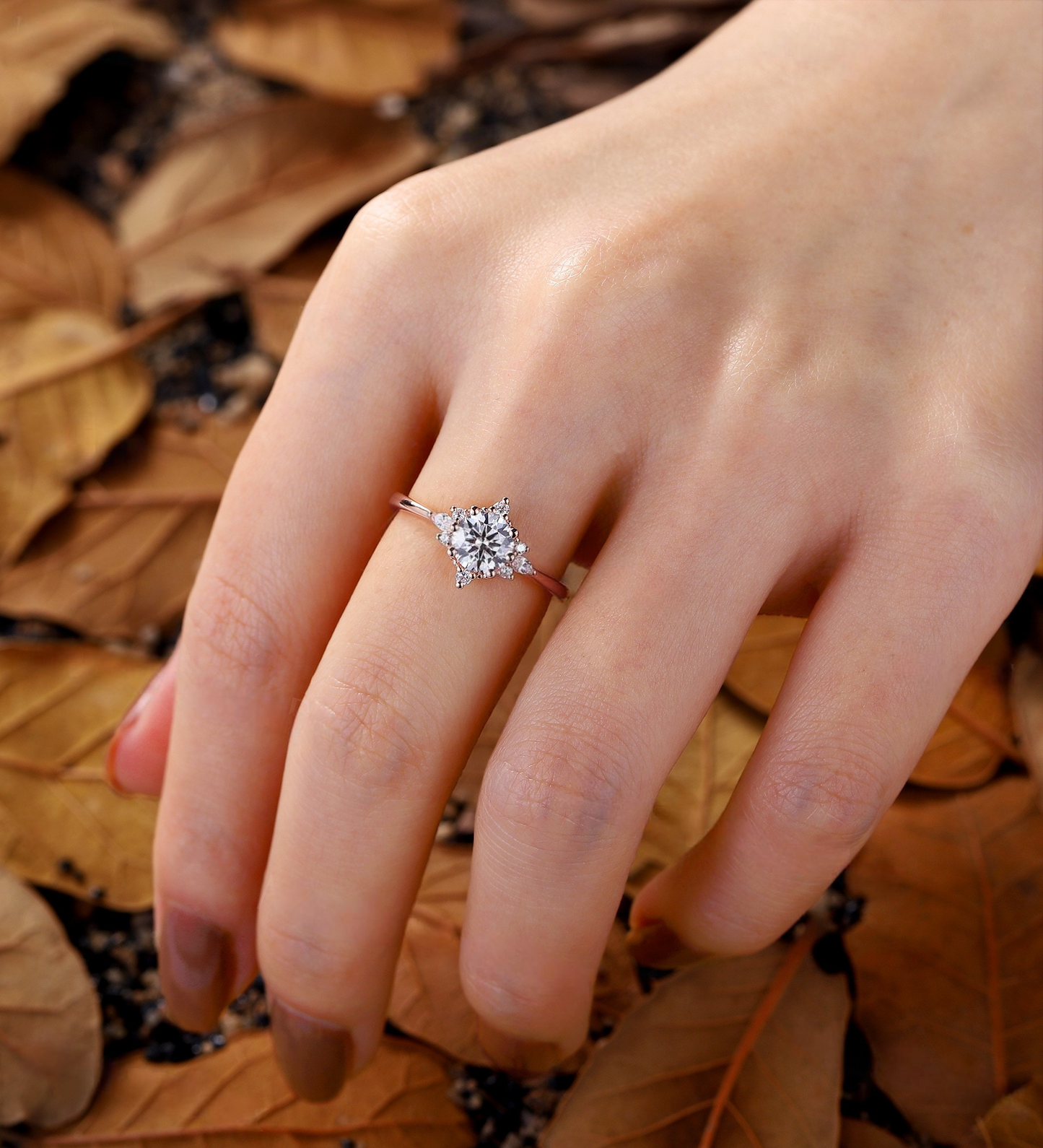 Vintage Round Lab Grown Engagement Ring Rose Gold Marquise Diamond Bridal Ring Unique Anniversary Promise Wedding Ring Art Deco Ring