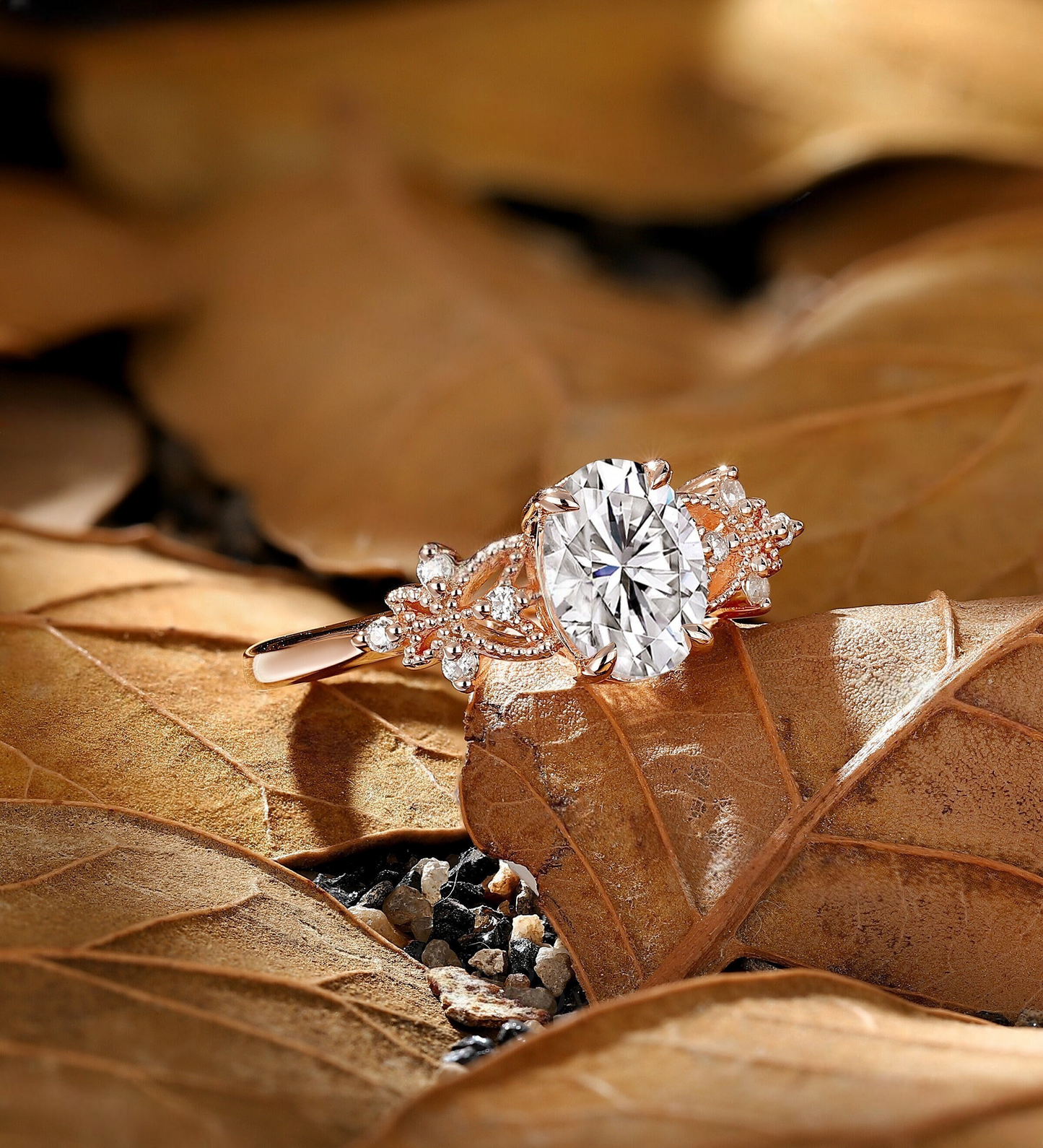 Vintage oval cut Lab Grown Engagement ring rose gold leaf twisted wedding band branch design ring unique anniversary promise bridal ring