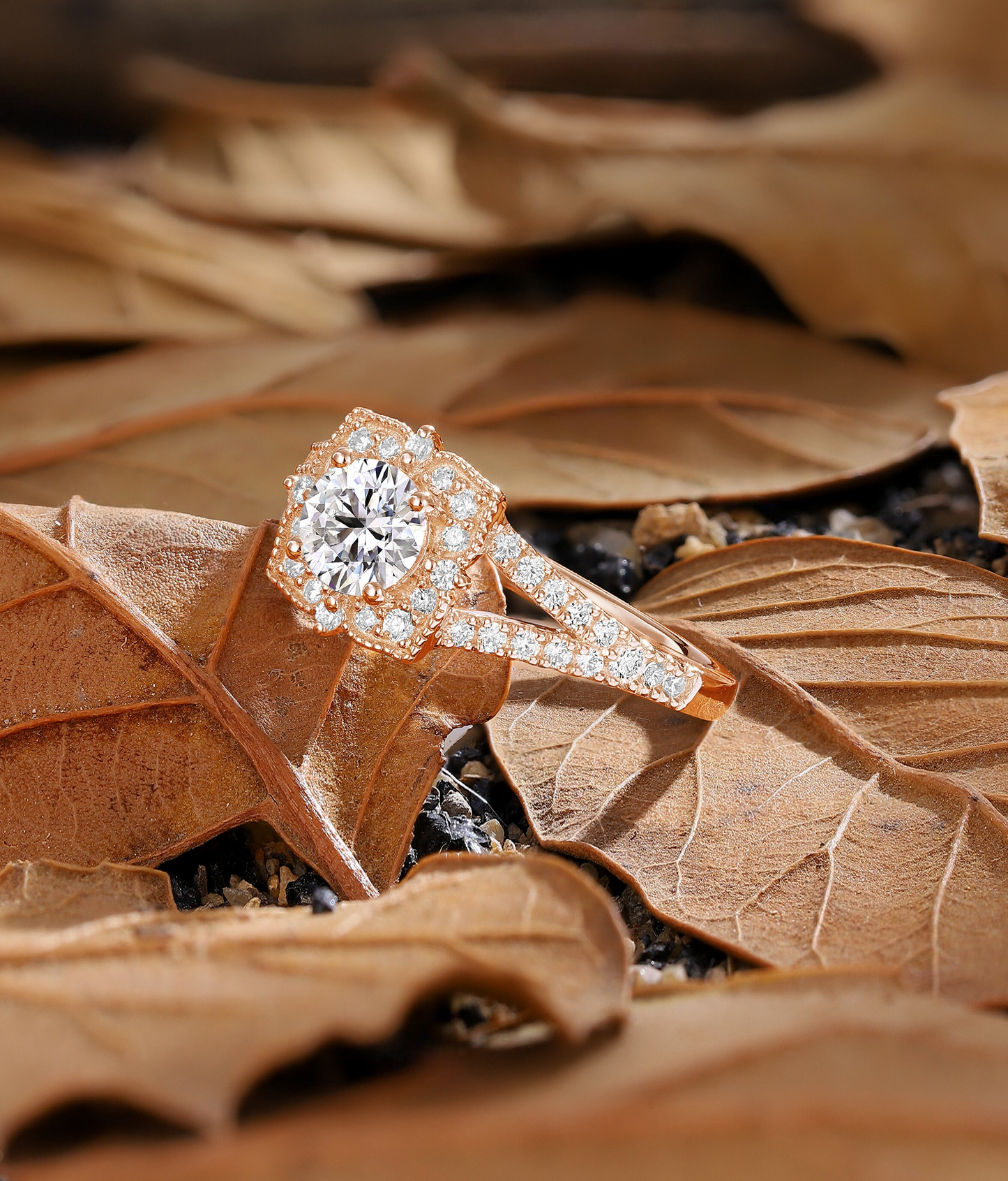 Vintage Round Lab Grown Floral Engagement Ring - Milgrain Halo Rose Gold Wedding Ring - Nature Inspired Promising Ring