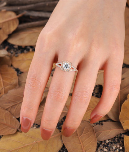 Vintage Round Lab Grown Floral Engagement Ring - Milgrain Halo Rose Gold Wedding Ring - Nature Inspired Promising Ring