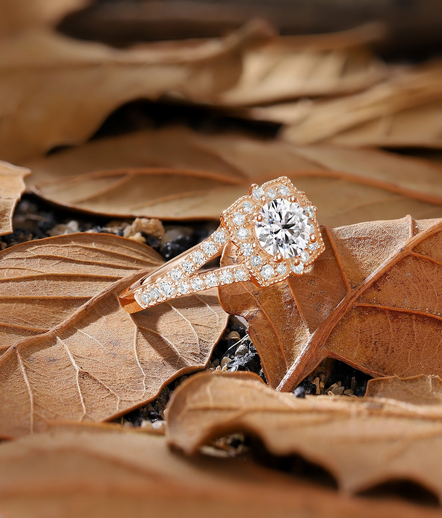 Vintage Round Lab Grown Floral Engagement Ring - Milgrain Halo Rose Gold Wedding Ring - Nature Inspired Promising Ring