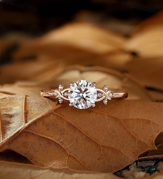 Vintage Round Lab Grown Engagement Ring - Rose Gold Unique Leaf Twist Ring - Diamond Proposal Promise Ring